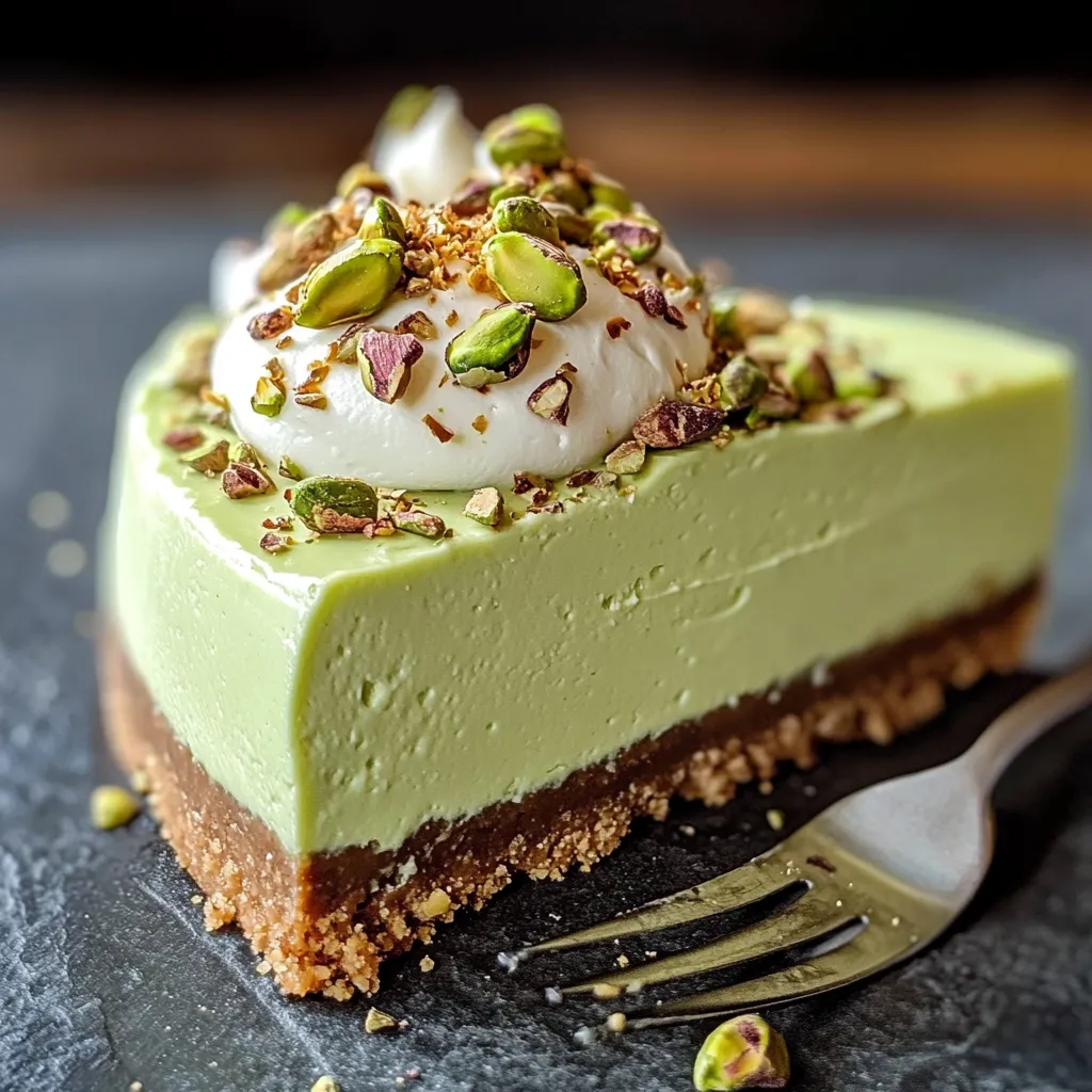 Cheesecake à la pistache sur assiette, nappé de chocolat blanc et décoré de pistaches concassées