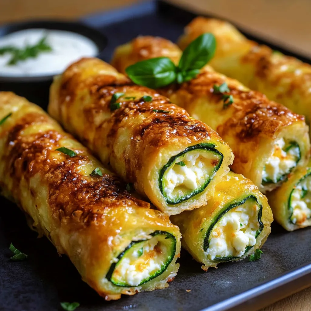 Cigares croustillants aux courgettes, feta et mozzarella sortis du four sur une plaque de cuisson dorée