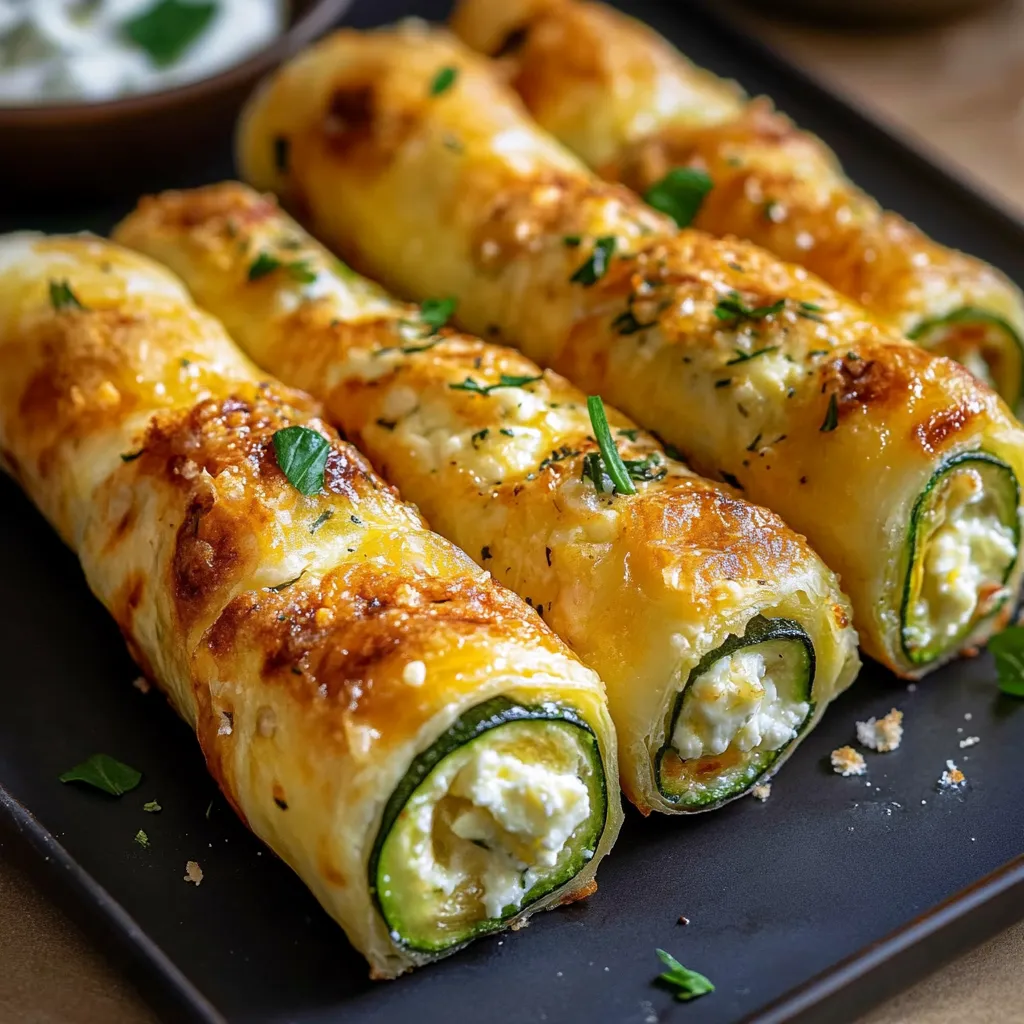 Cigares croustillants aux courgettes, feta et mozzarella sortis du four sur une plaque de cuisson dorée