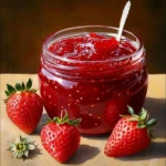 Confiture de fraises maison dans un pot en verre avec cuillère en bois