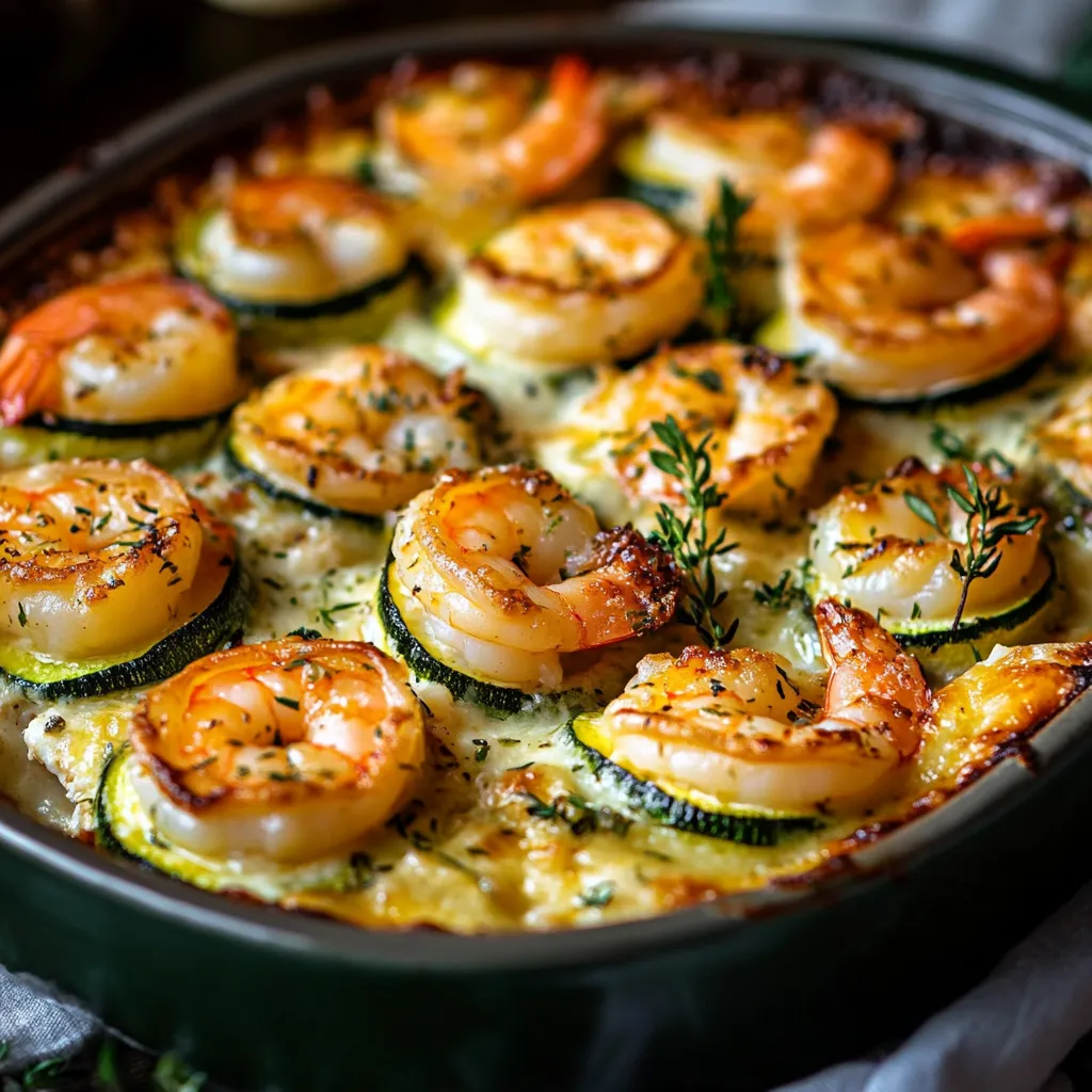Courgettes gratinées farcies de crevettes, ail, tomate et mozzarella dorée, servies dans un plat à gratin chaud.