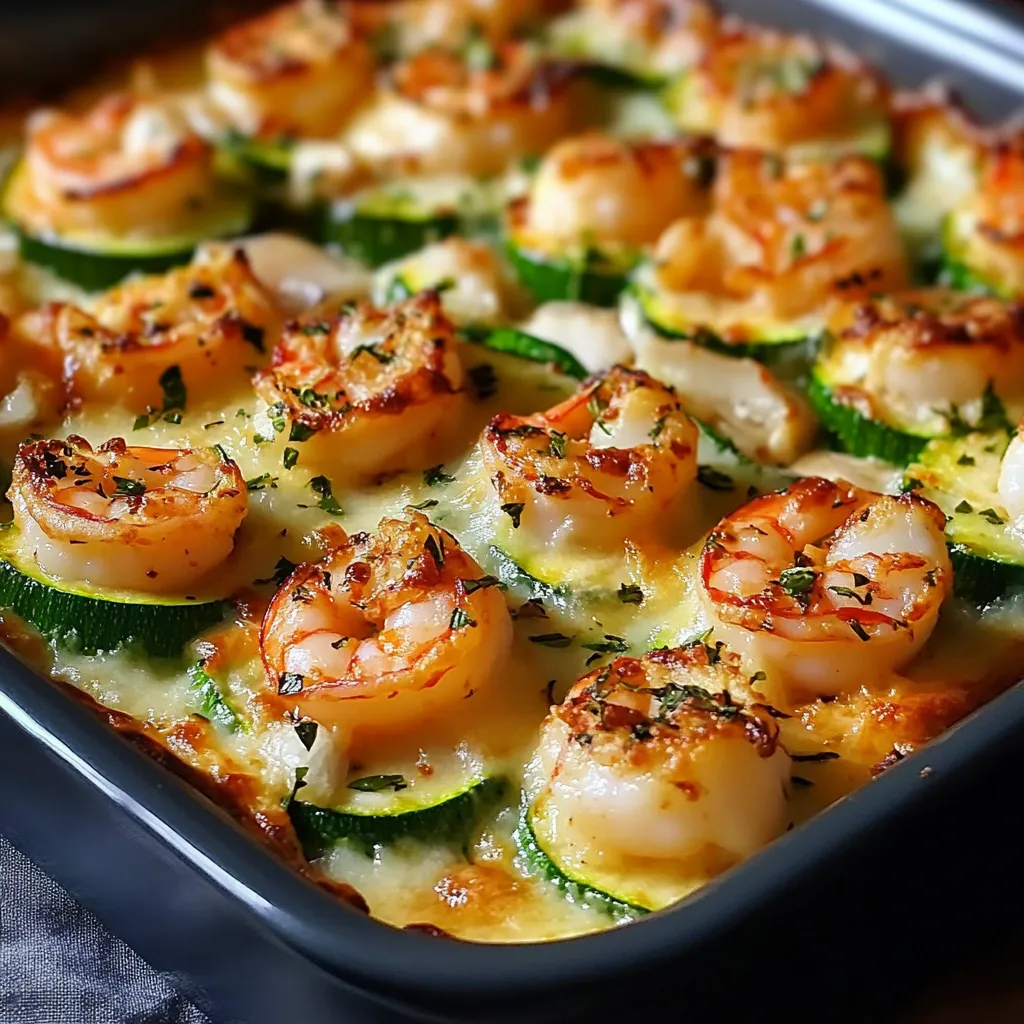 Courgettes gratinées farcies de crevettes, ail, tomate et mozzarella dorée, servies dans un plat à gratin chaud.