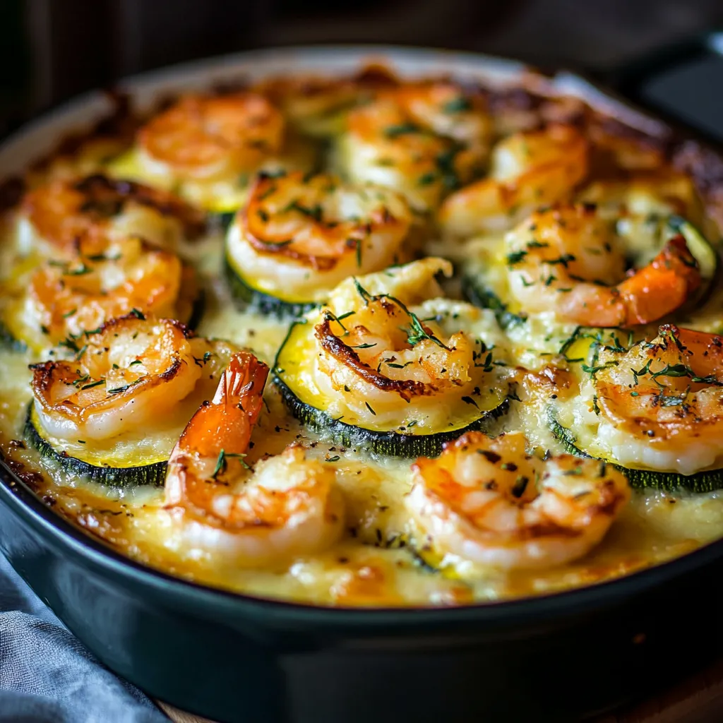 Courgettes gratinées farcies de crevettes, ail, tomate et mozzarella dorée, servies dans un plat à gratin chaud.