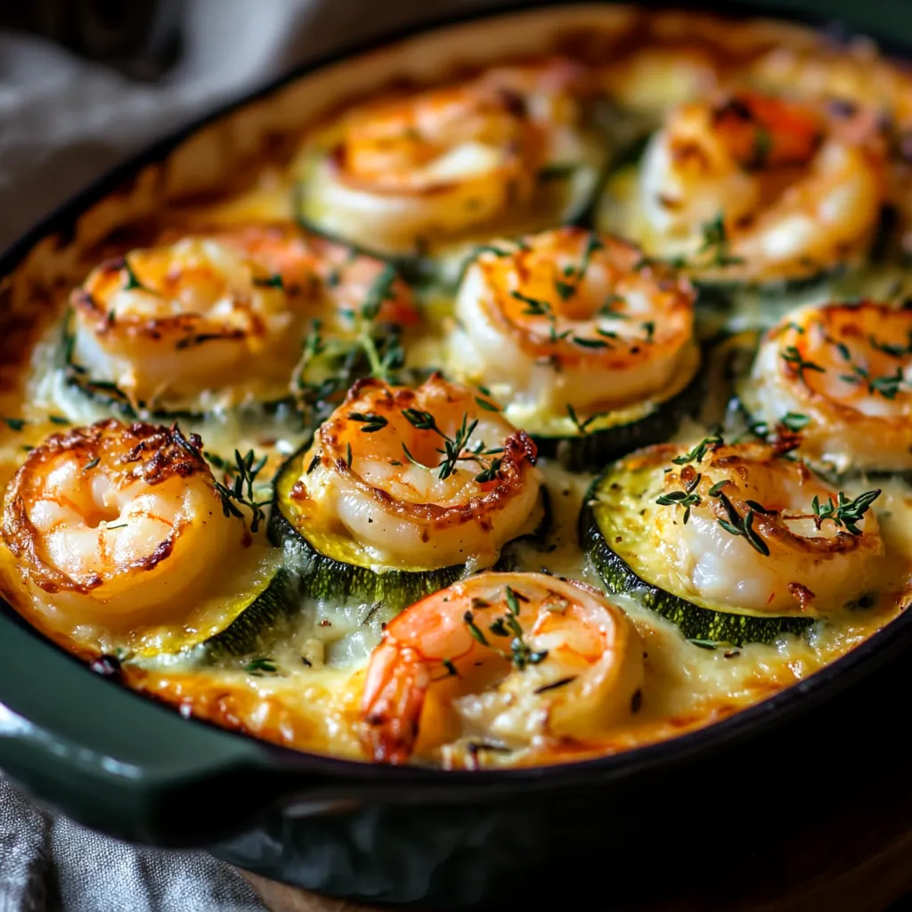 Courgettes gratinées farcies de crevettes, ail, tomate et mozzarella dorée, servies dans un plat à gratin chaud.