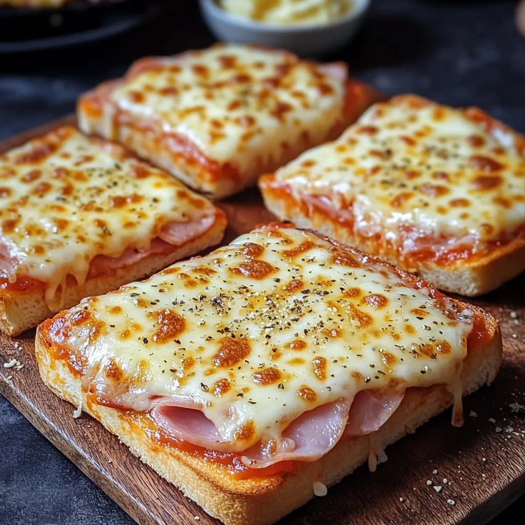 Croque monsieur façon pizza doré, servi sur une planche en bois avec salade verte