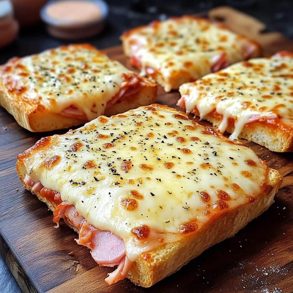 Croque monsieur façon pizza doré, servi sur une planche en bois avec salade verte