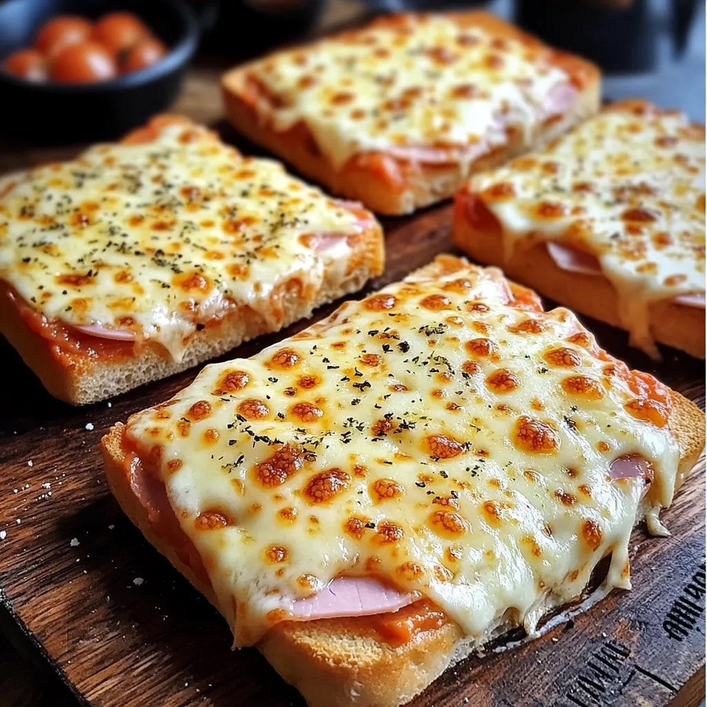 Croque monsieur façon pizza doré, servi sur une planche en bois avec salade verte