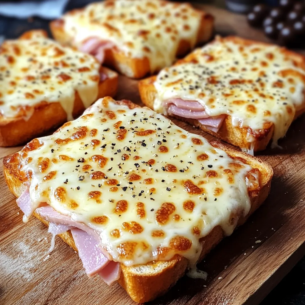 Croque monsieur façon pizza doré, servi sur une planche en bois avec salade verte