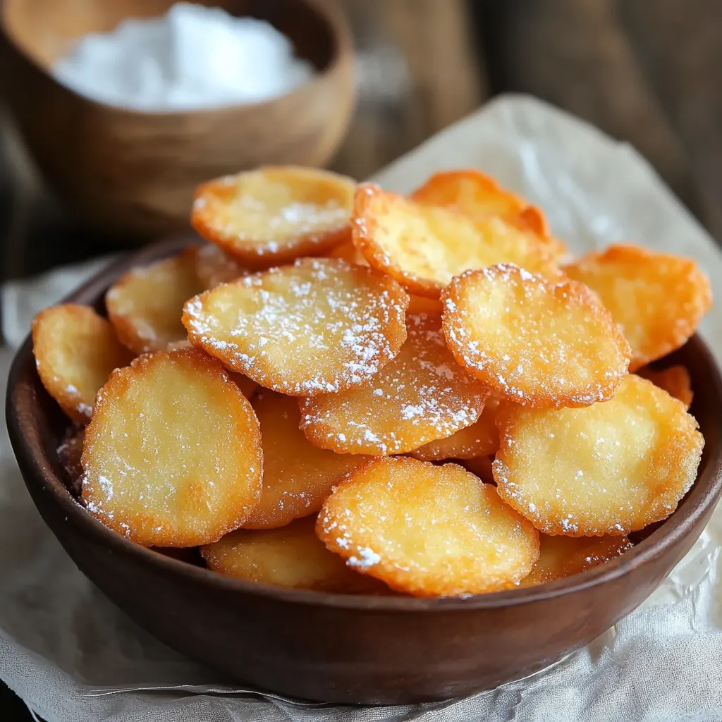 Croustillants maison dorés à la friture, saupoudrés de sucre glace, servis sur assiette blanche
