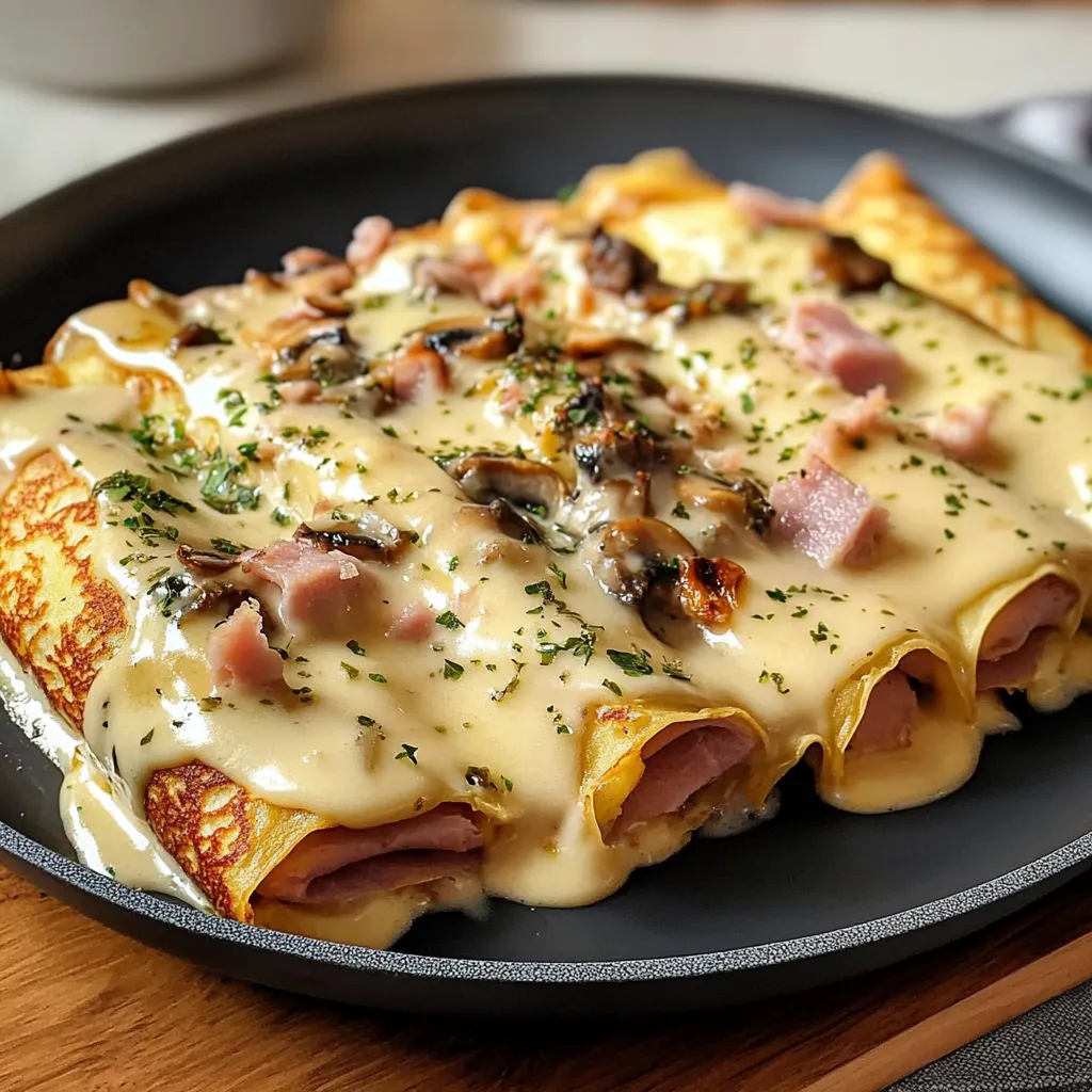 Crêpes roulées gratinées avec jambon, champignons et fromage doré au four