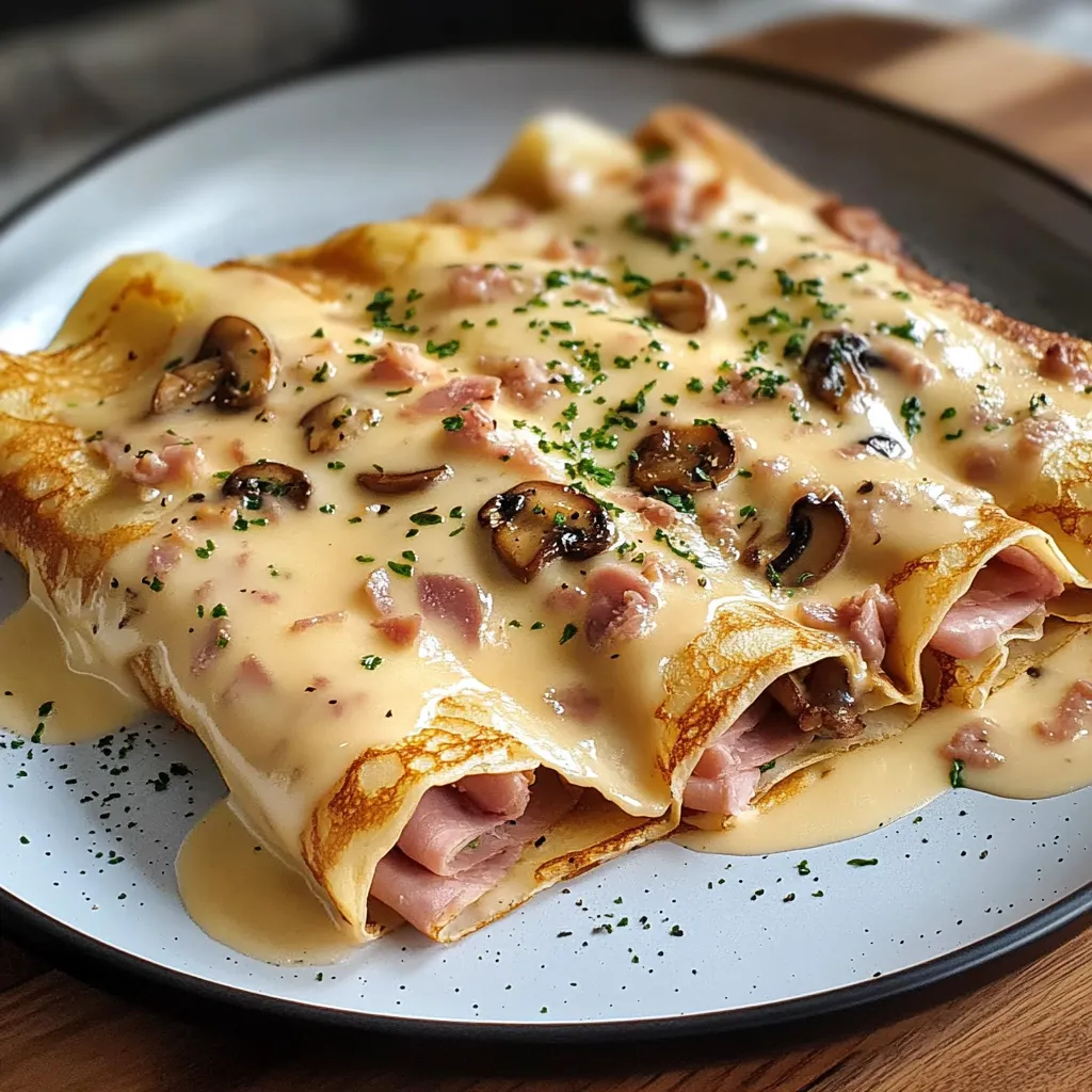 Crêpes roulées gratinées avec jambon, champignons et fromage doré au four
