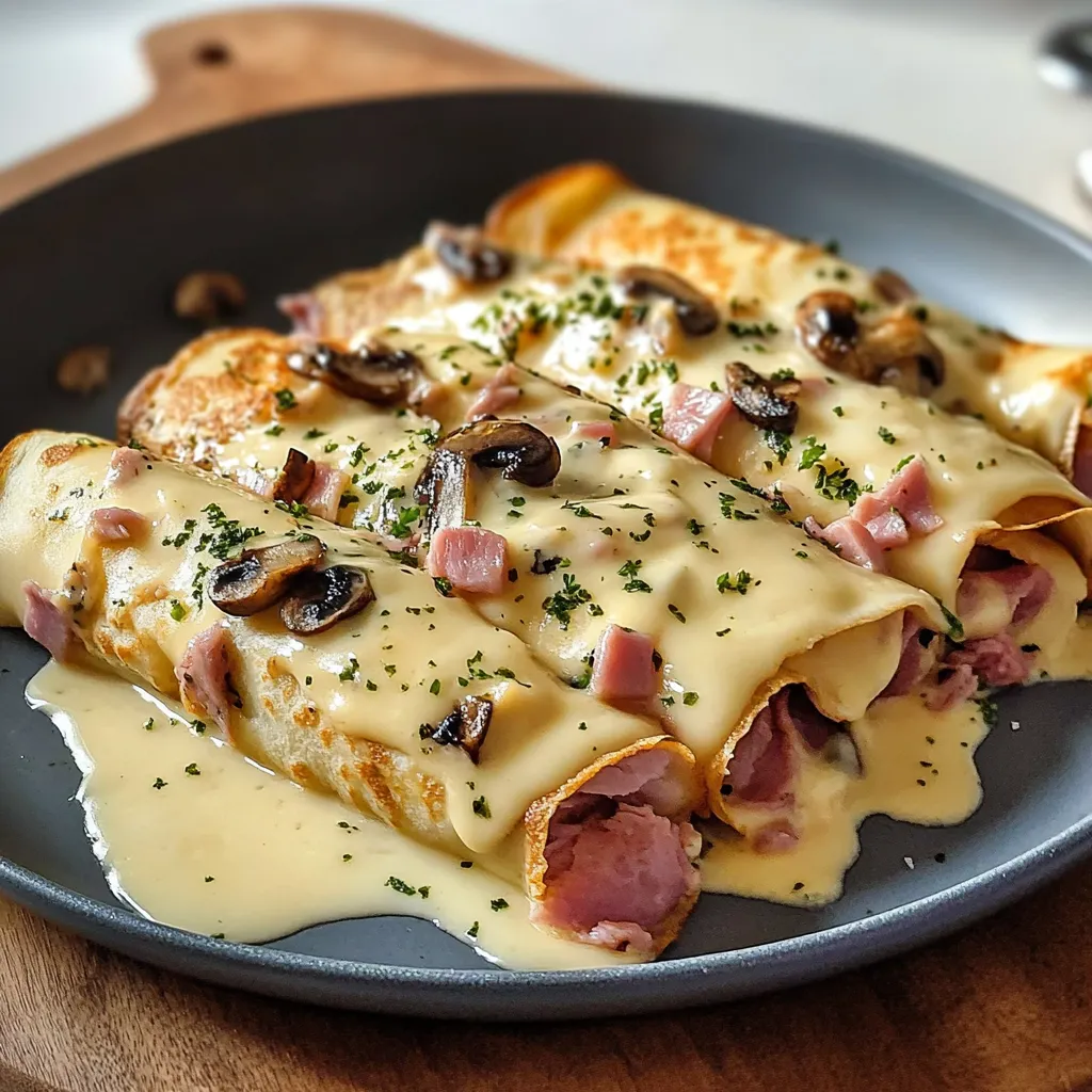 Crêpes roulées gratinées avec jambon, champignons et fromage doré au four