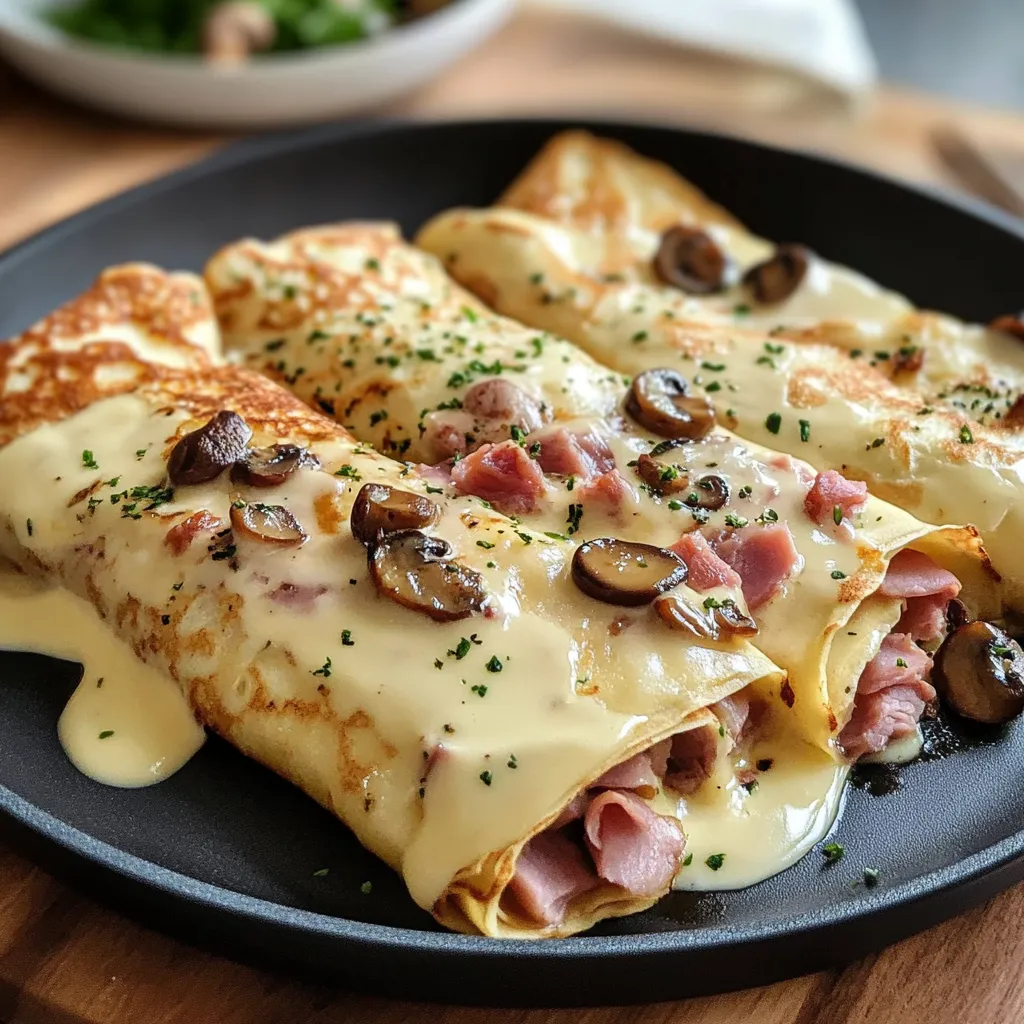 Crêpes roulées gratinées avec jambon, champignons et fromage doré au four