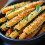 Frites de courgettes croustillantes au parmesan cuites au four sur une plaque de cuisson.