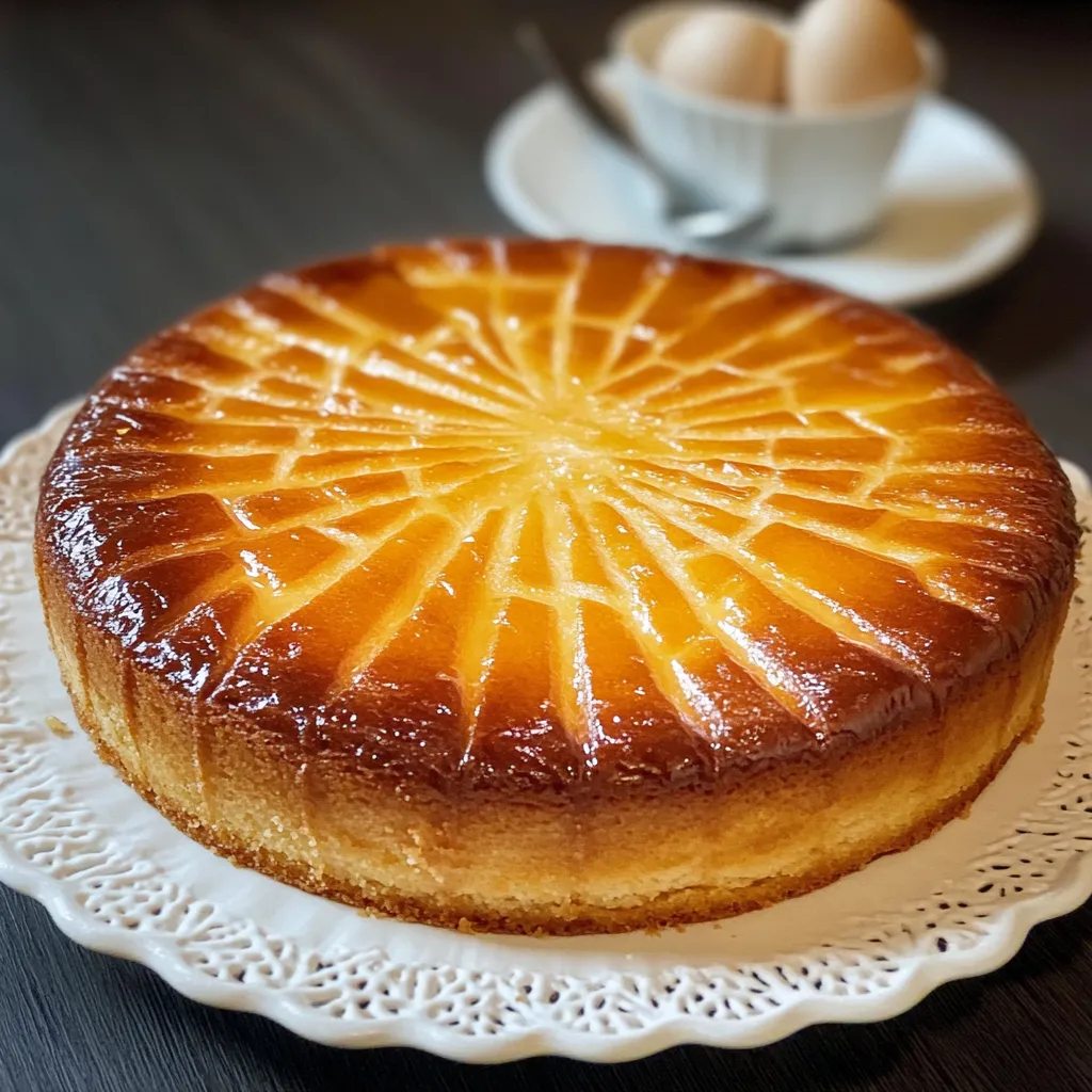 Gâteau breton fondant doré dans un moule rond, avec des stries décoratives sur le dessus.