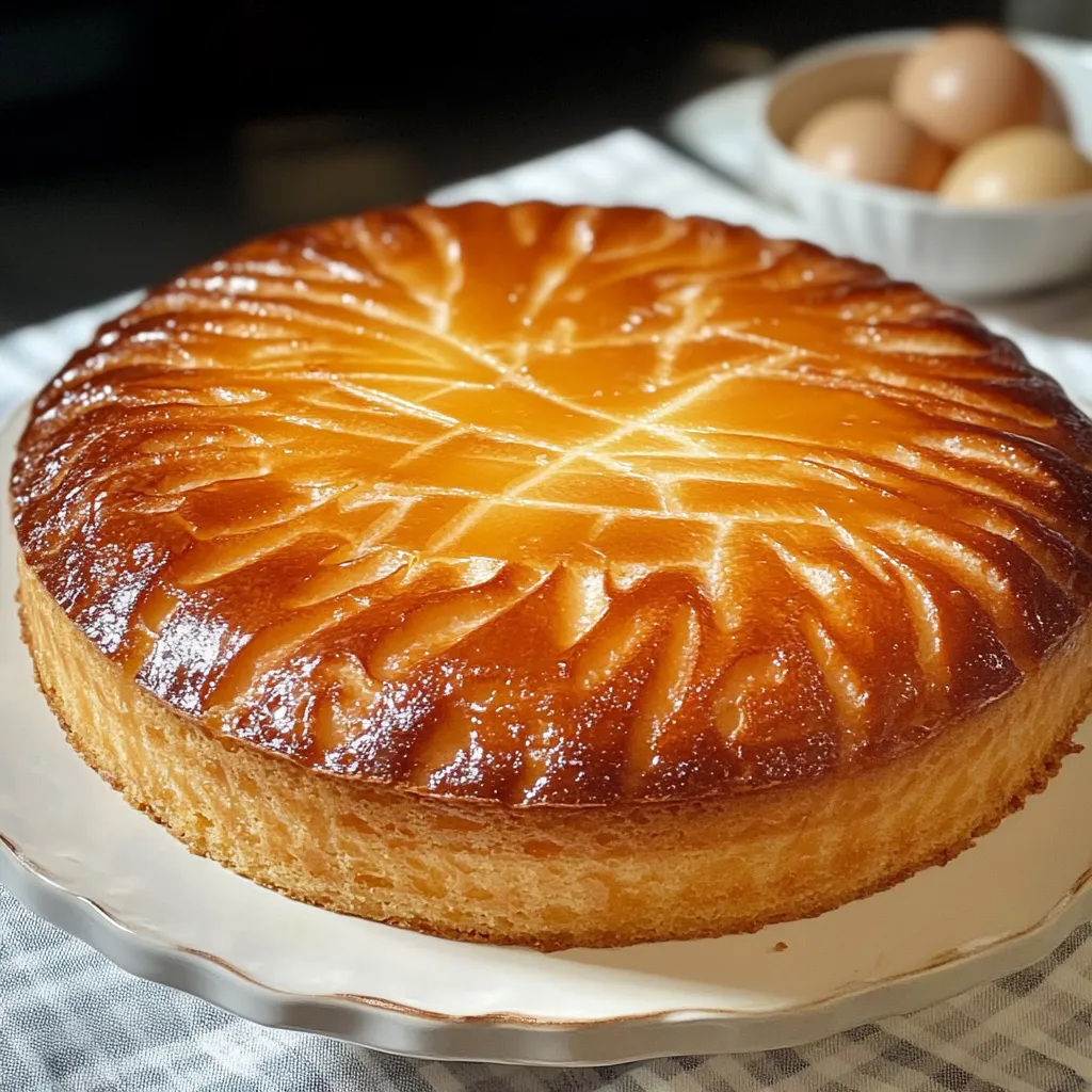 Gâteau breton fondant doré dans un moule rond, avec des stries décoratives sur le dessus.