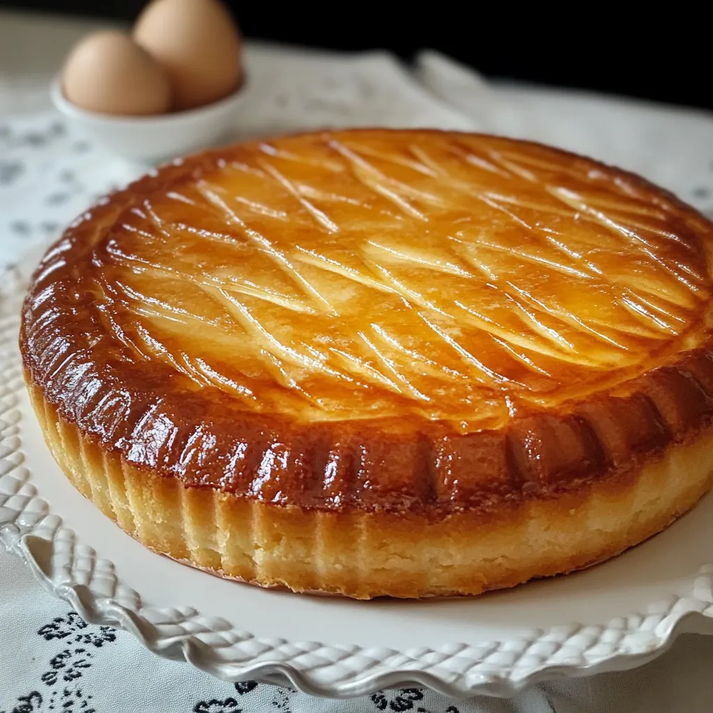 Gâteau breton fondant doré dans un moule rond, avec des stries décoratives sur le dessus.