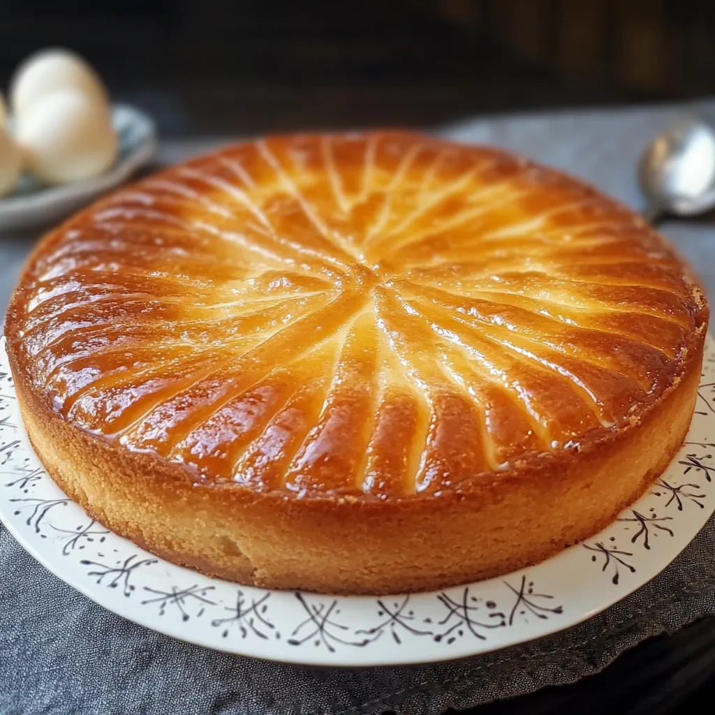 Gâteau breton fondant doré dans un moule rond, avec des stries décoratives sur le dessus.