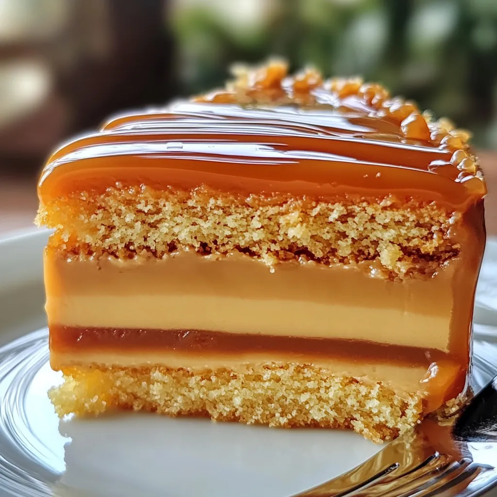 Part de gâteau magique au caramel au beurre salé sur une assiette