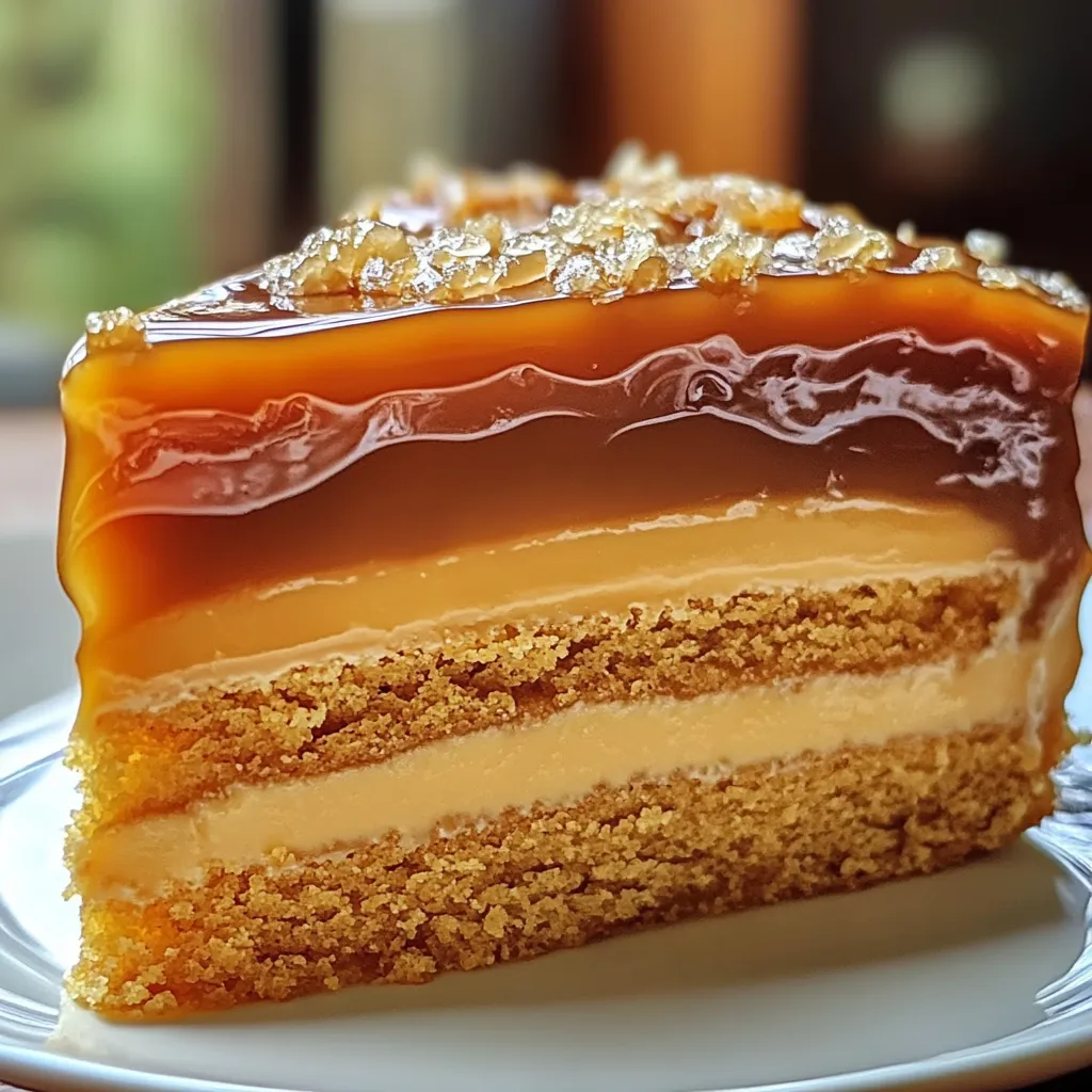 Part de gâteau magique au caramel au beurre salé sur une assiette