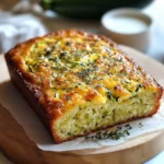 Gâteau moelleux aux courgettes et parmesan fraîchement cuit, servi en tranches sur une planche en bois