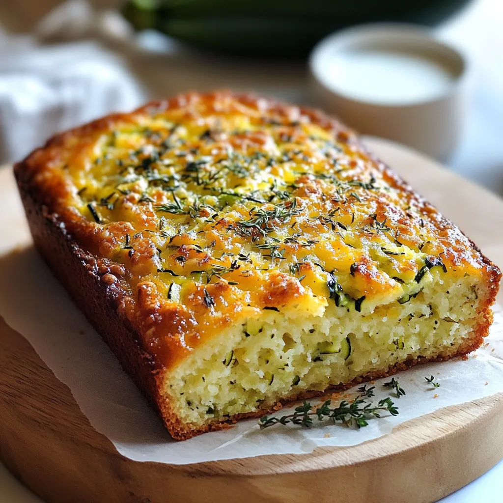 Gâteau moelleux aux courgettes et parmesan fraîchement cuit, servi en tranches sur une planche en bois
