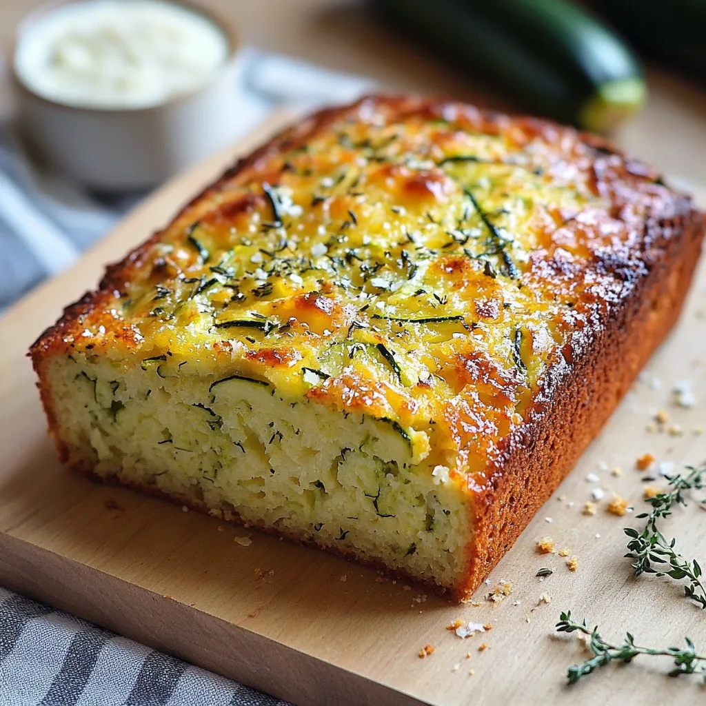 Gâteau moelleux aux courgettes et parmesan fraîchement cuit, servi en tranches sur une planche en bois