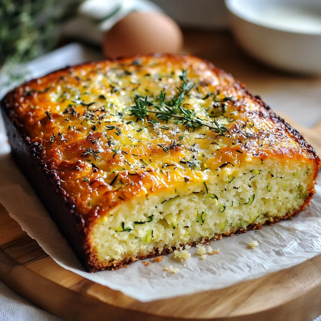 Gâteau moelleux aux courgettes et parmesan fraîchement cuit, servi en tranches sur une planche en bois