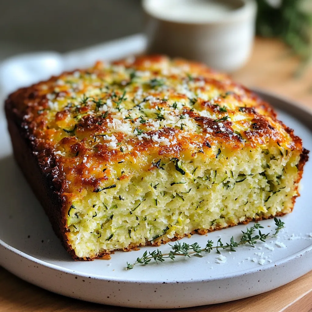 Gâteau moelleux aux courgettes et parmesan fraîchement cuit, servi en tranches sur une planche en bois