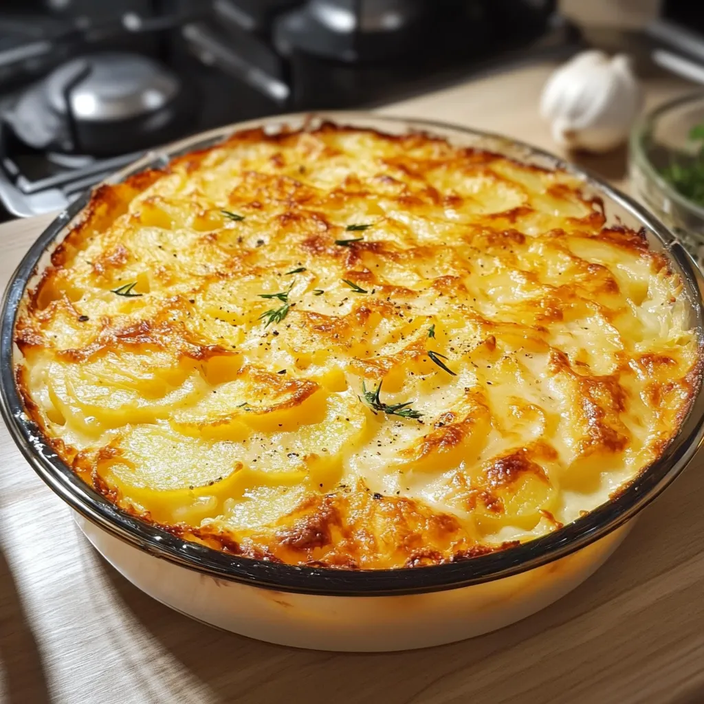 Gratin dauphinois de grand-mère doré et crémeux, dans un plat en céramique