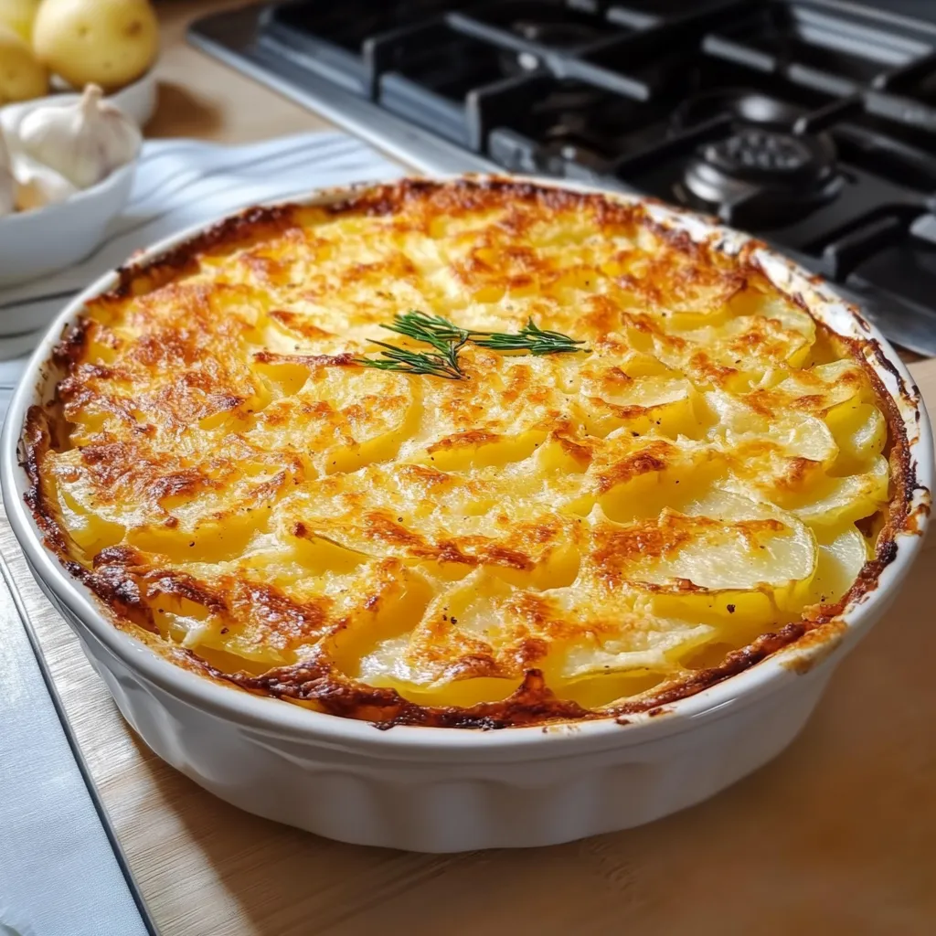 Gratin dauphinois de grand-mère doré et crémeux, dans un plat en céramique