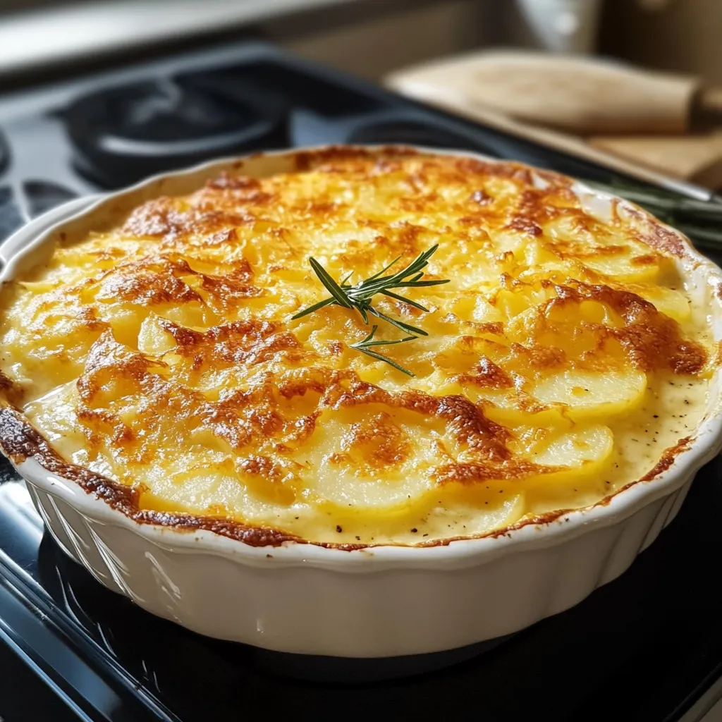 Gratin dauphinois de grand-mère doré et crémeux, dans un plat en céramique