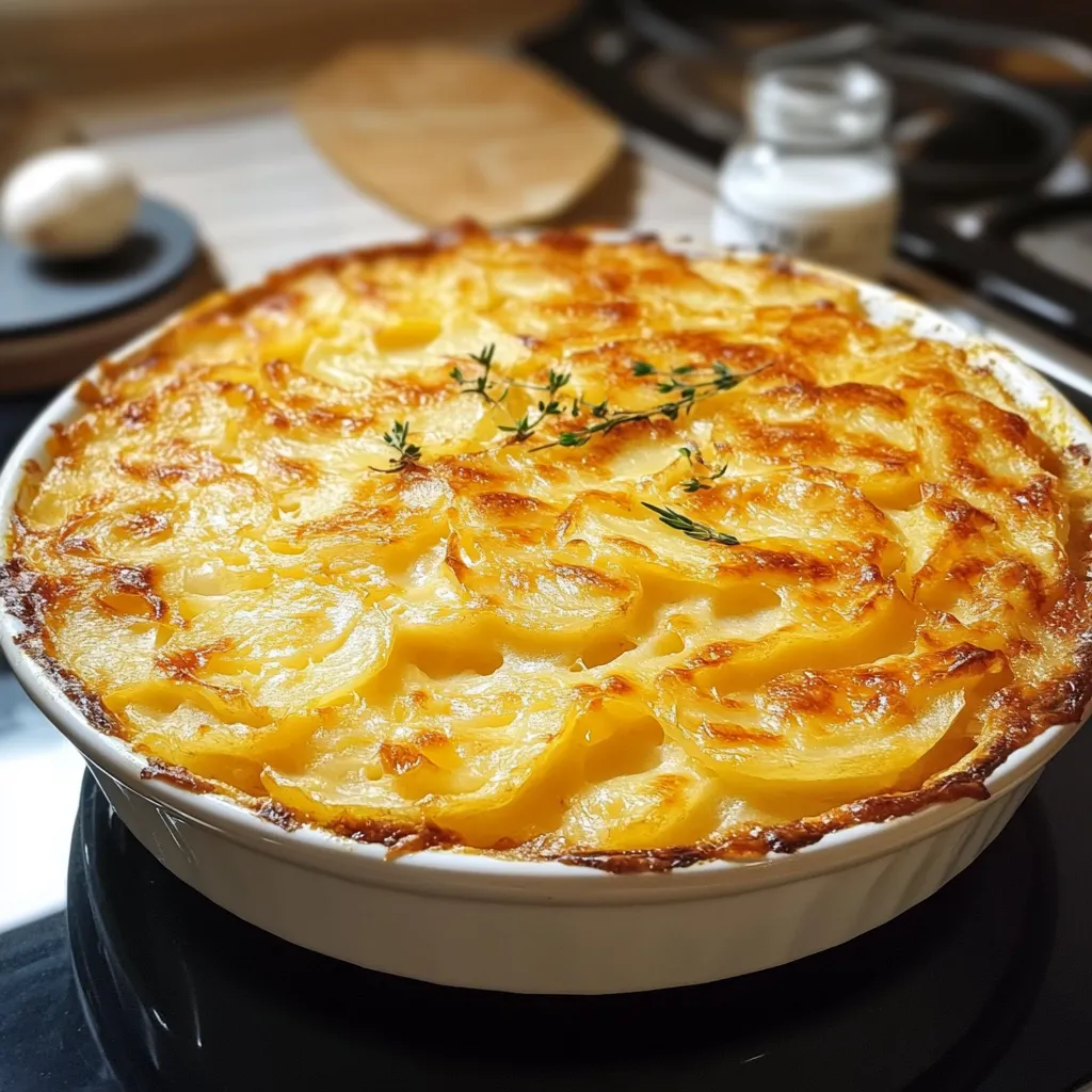 Gratin dauphinois de grand-mère doré et crémeux, dans un plat en céramique
