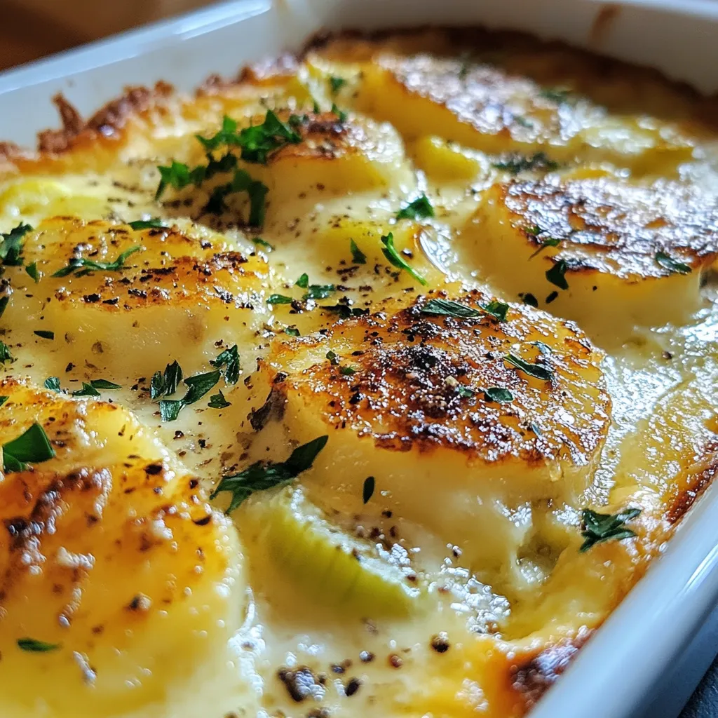 Gratin de cabillaud aux poireaux dans un plat en céramique doré au four