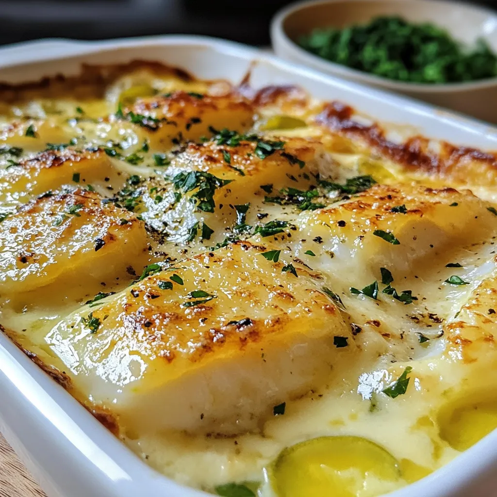 Gratin de cabillaud aux poireaux dans un plat en céramique doré au four