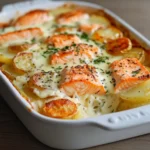 Gratin doré de pommes de terre et saumon avec sauce béchamel crémeuse dans un plat familial
