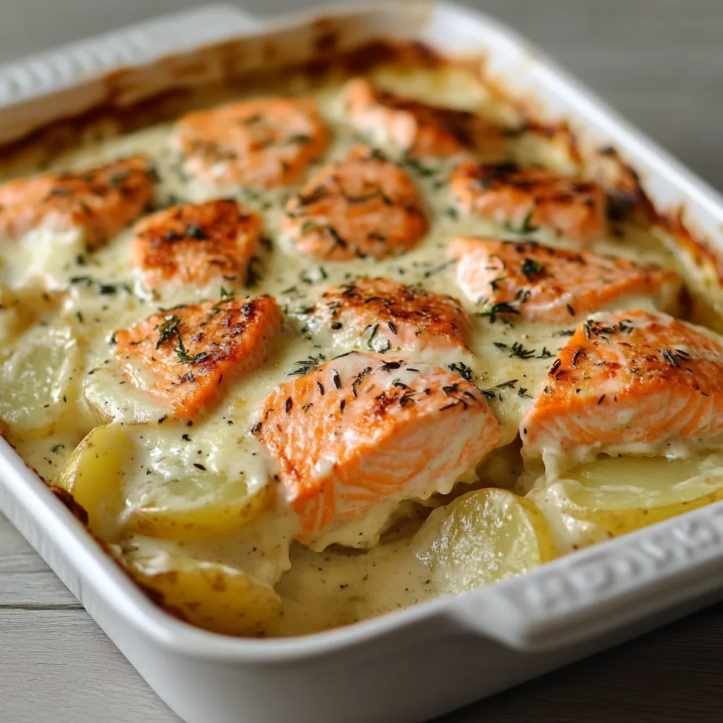 Gratin doré de pommes de terre et saumon avec sauce béchamel crémeuse dans un plat familial
