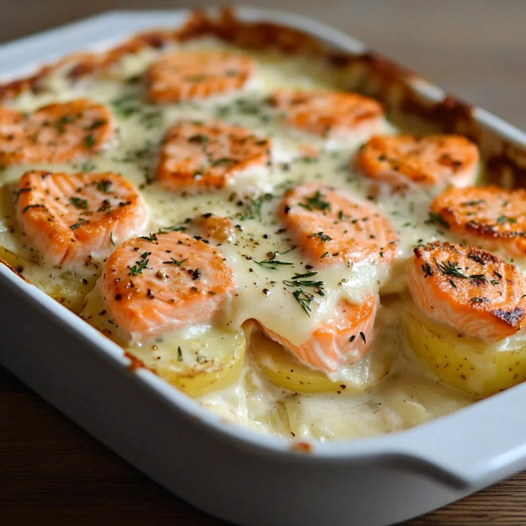 Gratin doré de pommes de terre et saumon avec sauce béchamel crémeuse dans un plat familial