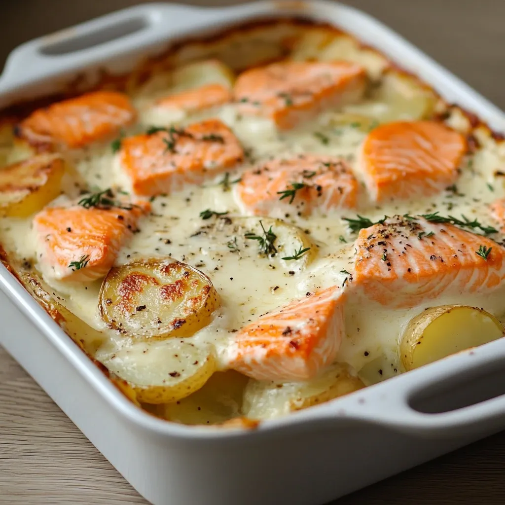 Gratin doré de pommes de terre et saumon avec sauce béchamel crémeuse dans un plat familial