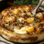 Gratin doré de pommes de terre au bœuf haché, servi chaud dans un plat familial