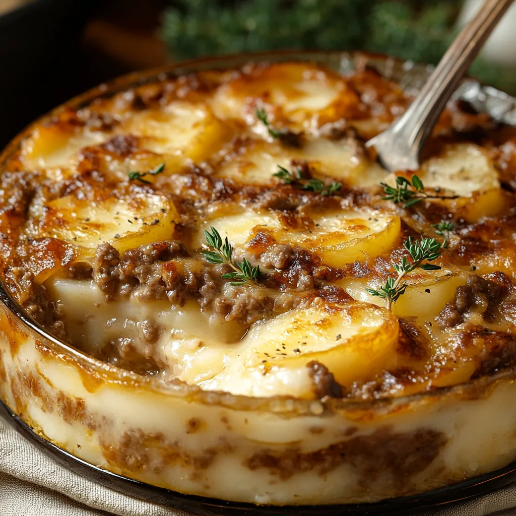 Gratin doré de pommes de terre au bœuf haché, servi chaud dans un plat familial