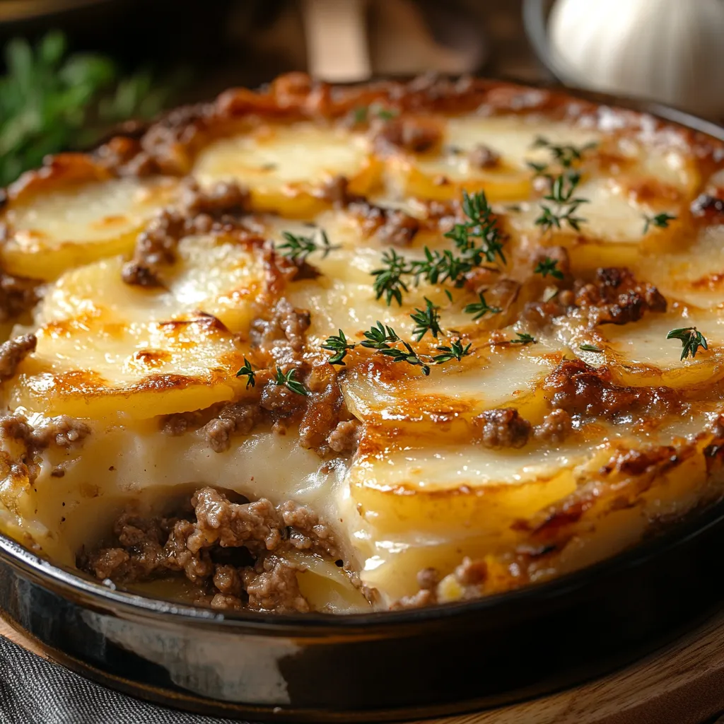 Gratin doré de pommes de terre au bœuf haché, servi chaud dans un plat familial