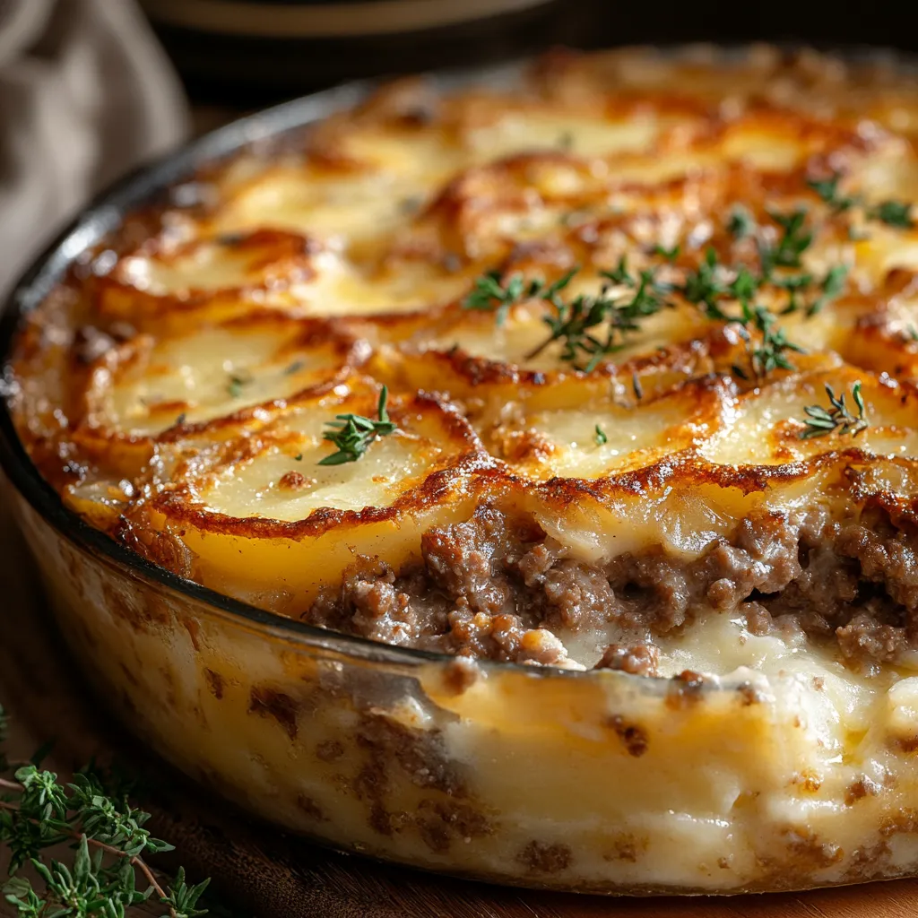 Gratin doré de pommes de terre au bœuf haché, servi chaud dans un plat familial