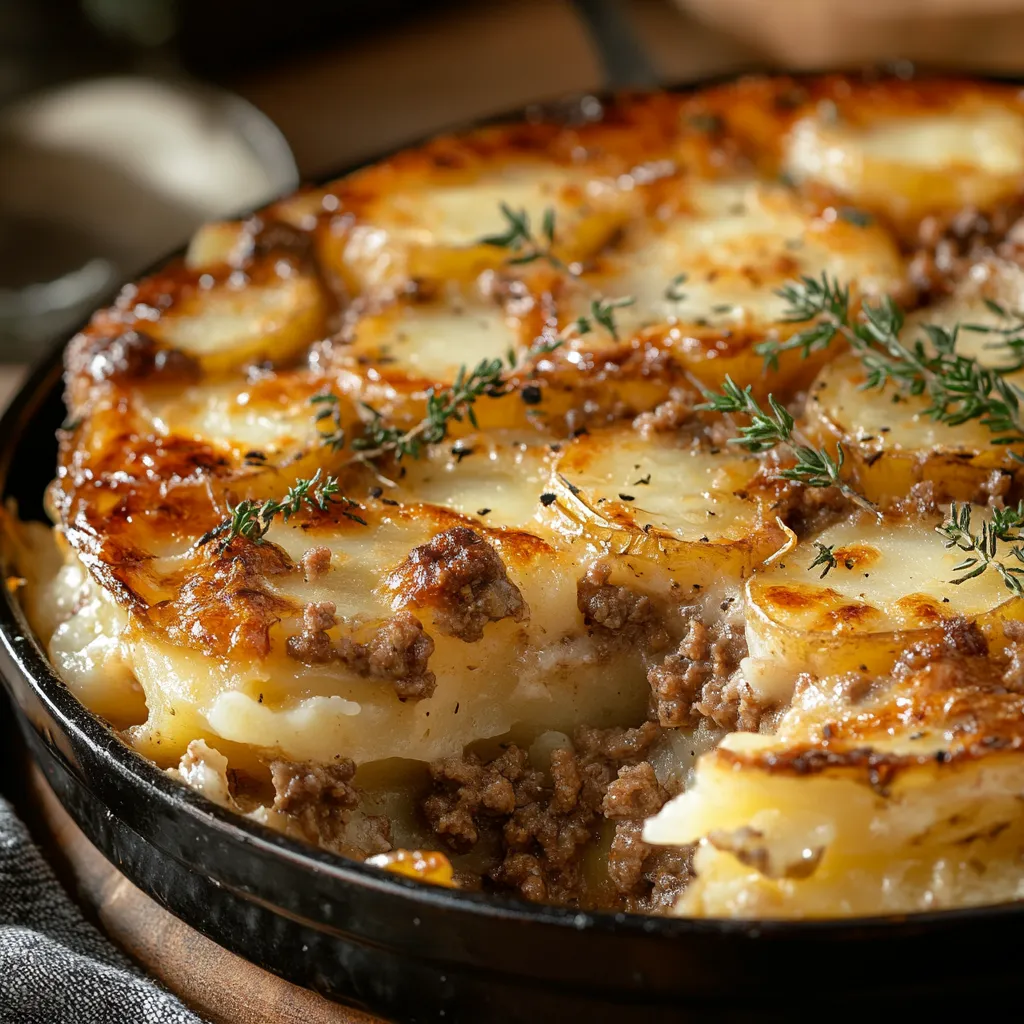 Gratin doré de pommes de terre au bœuf haché, servi chaud dans un plat familial