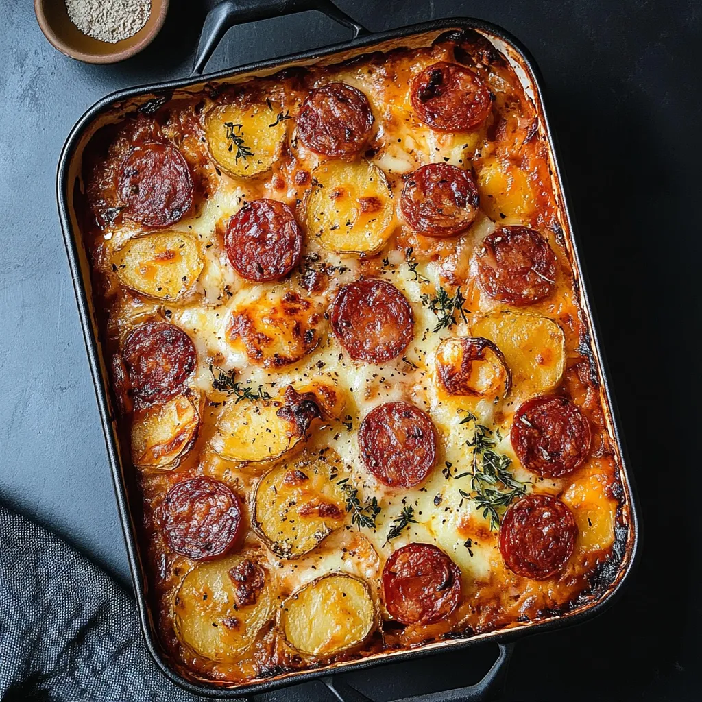 Gratin doré de pommes de terre au chorizo et sauce béchamel tomate dans un plat en céramique