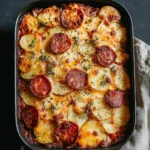 Gratin doré de pommes de terre au chorizo et sauce béchamel tomate dans un plat en céramique