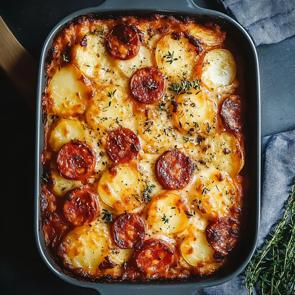 Gratin doré de pommes de terre au chorizo et sauce béchamel tomate dans un plat en céramique