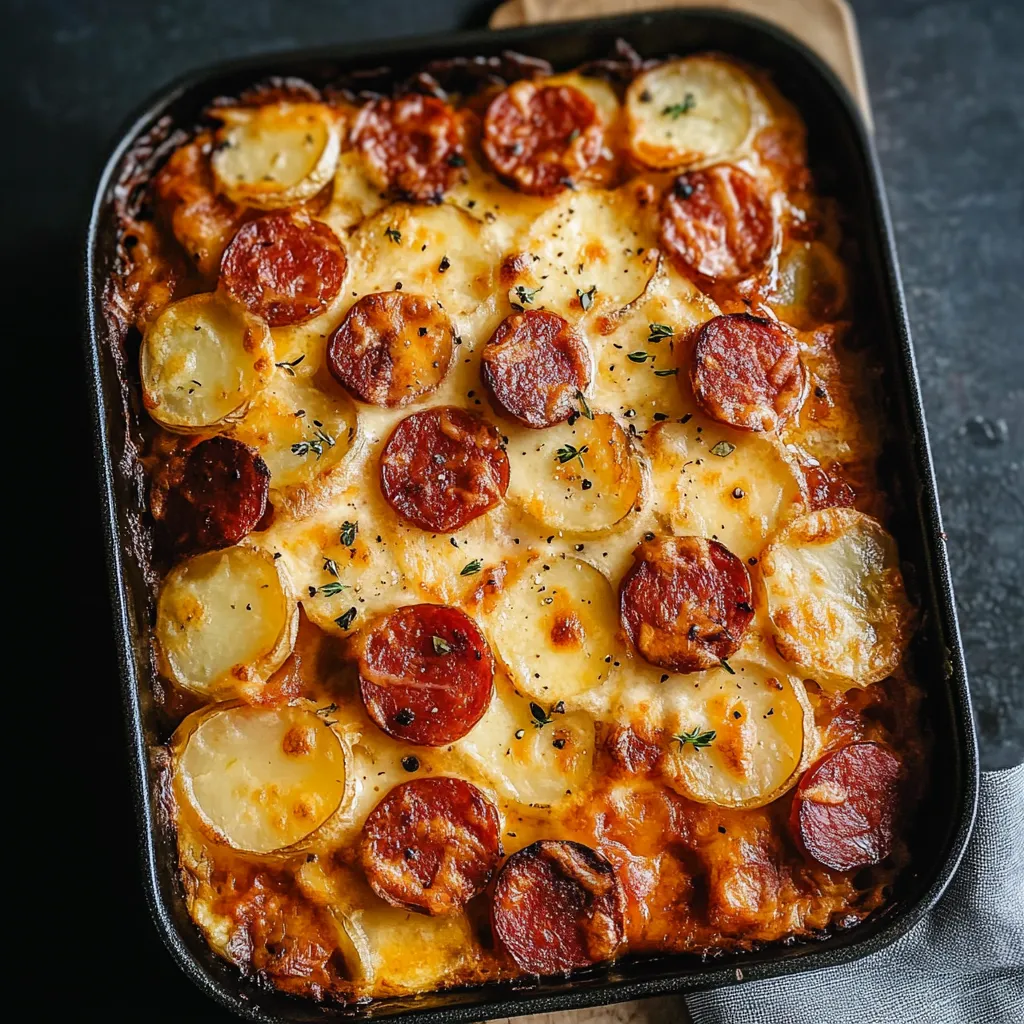 Gratin doré de pommes de terre au chorizo et sauce béchamel tomate dans un plat en céramique