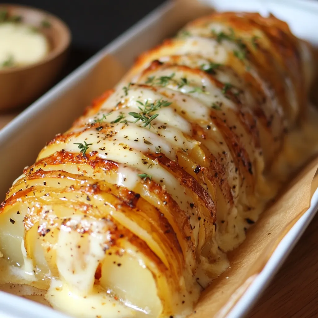 Gratin roulé de pommes de terre mille-feuille doré et tranché prêt à être servi