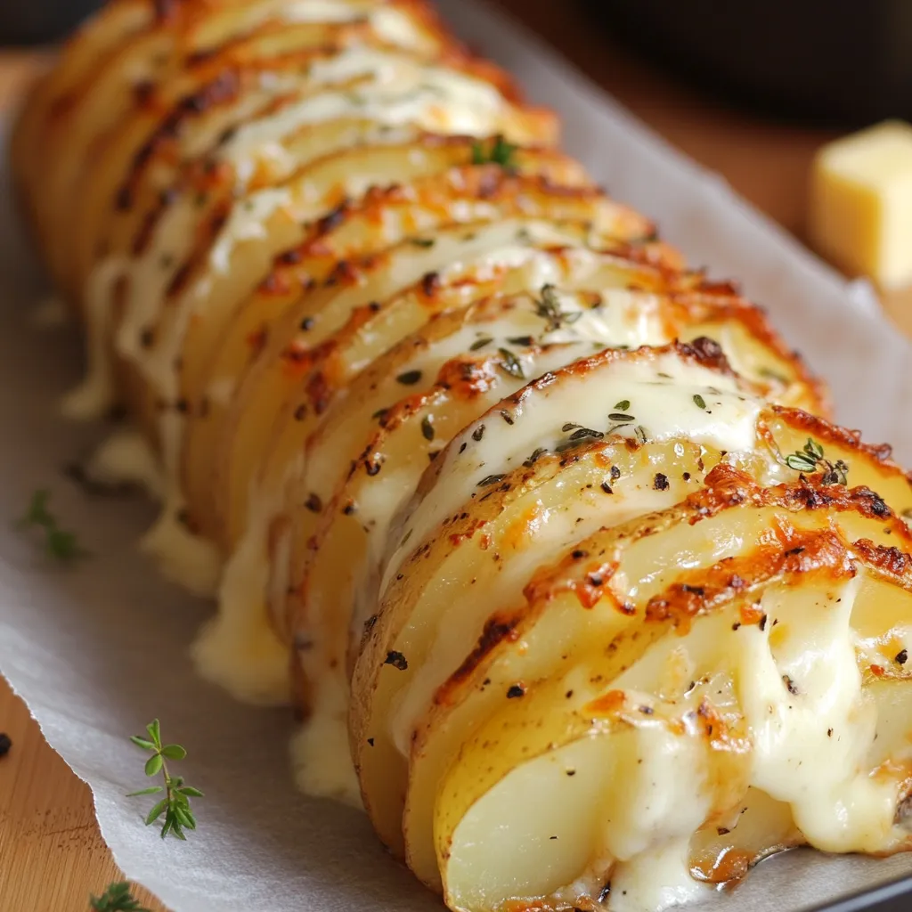 Gratin roulé de pommes de terre mille-feuille doré et tranché prêt à être servi
